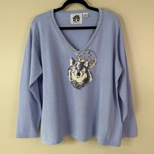 Storybook Knits Wolf Moon Sequin Embellished V-Neck Sweater Womens 1X Western